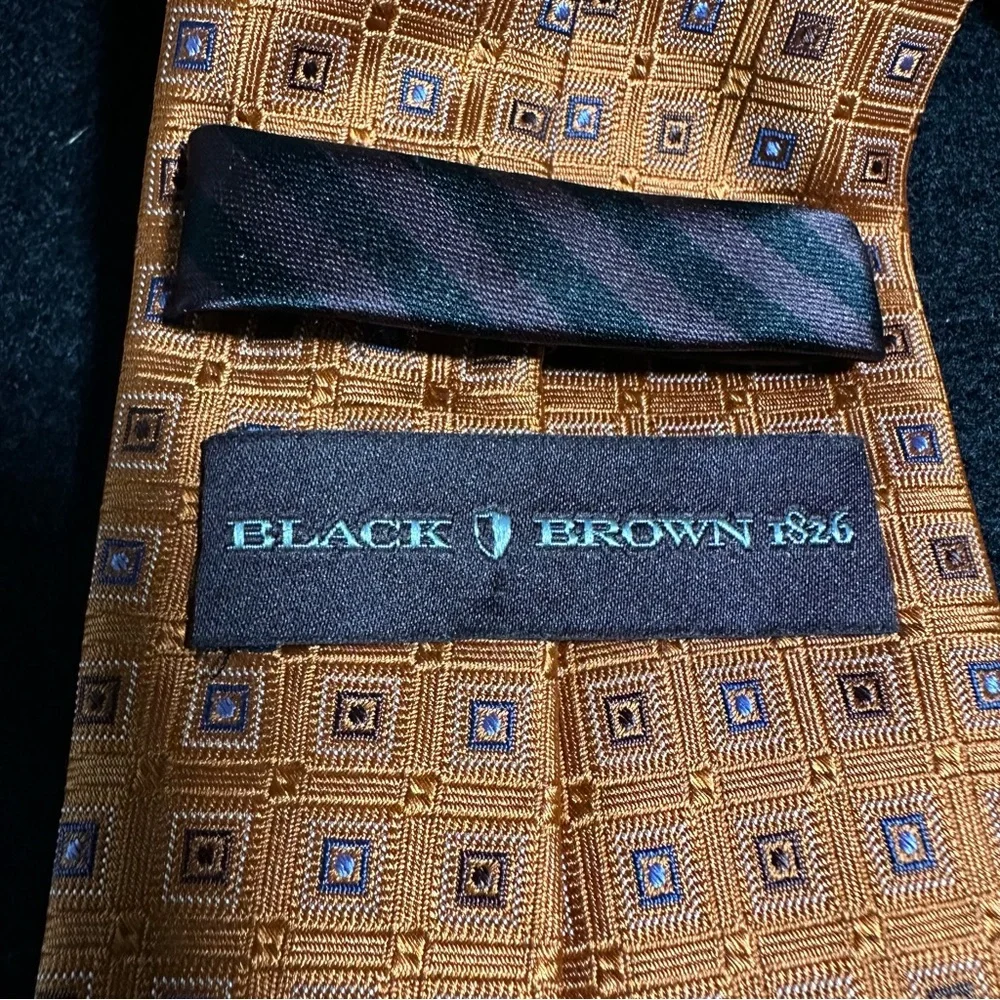Black Brown 1826 Tie – Rich Pumpkin with Light Blue Squares- 100% Silk